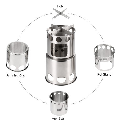Estufa de camping portátil combinada de acero inoxidable y olla de leña para mochilerismo, pesca y senderismo.