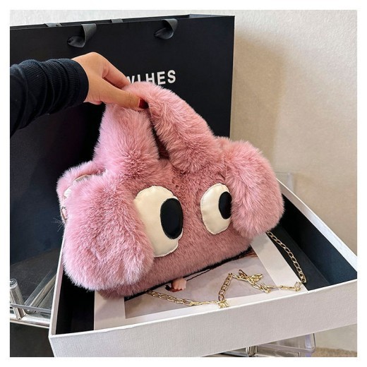 Bolsos de peluche con diseño de perro de ojos grandes de dibujos animados para mujer, bolsos de cadena de moda de invierno, bolso bandolera de diseñador personalizado.