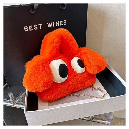 Bolsos de peluche con diseño de perro de ojos grandes de dibujos animados para mujer, bolsos de cadena de moda de invierno, bolso bandolera de diseñador personalizado.