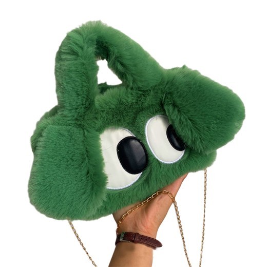Bolsos de peluche con diseño de perro de ojos grandes de dibujos animados para mujer, bolsos de cadena de moda de invierno, bolso bandolera de diseñador personalizado.