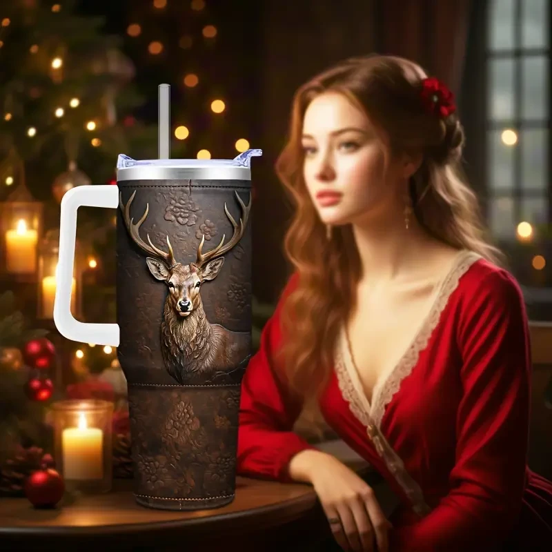 Vaso de acero con tapa y pajita de ciervo - Vaso térmico de viaje para coche