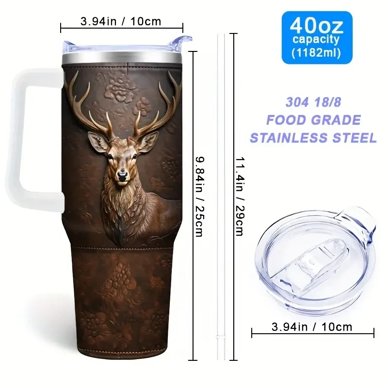Vaso de acero con tapa y pajita de ciervo - Vaso térmico de viaje para coche