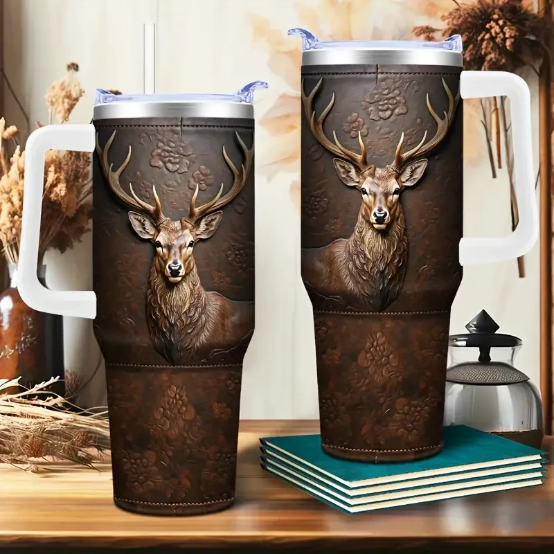 Vaso de acero con tapa y pajita de ciervo - Vaso térmico de viaje para coche