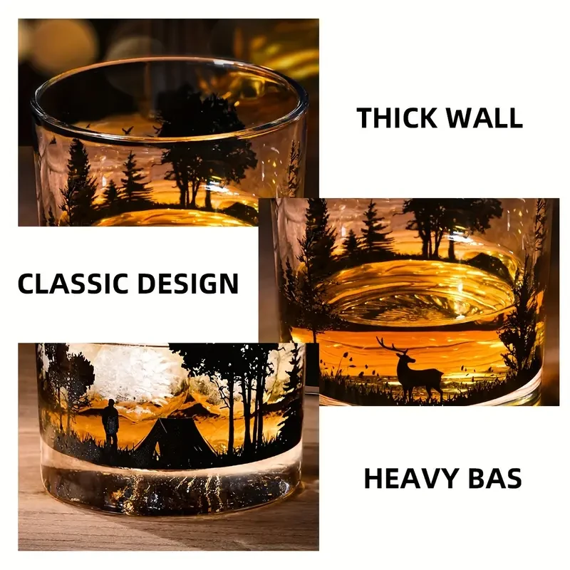 1 vaso de whisky con exquisito paisaje forestal, transparente.
