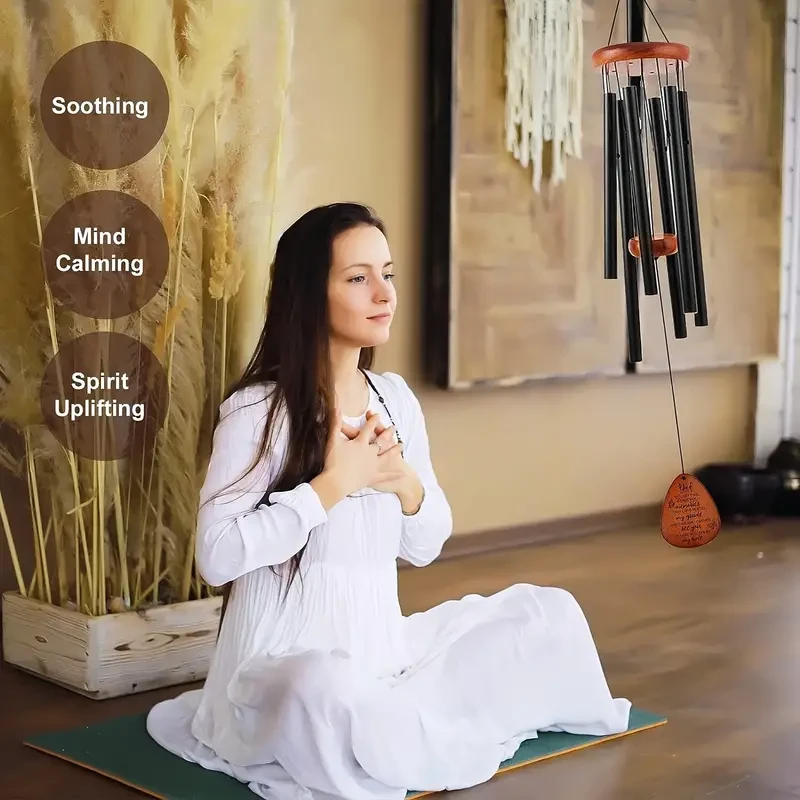 Campanas de viento relajantes de 26 pulgadas con tono profundo - Aluminio negro y madera de pino duradera