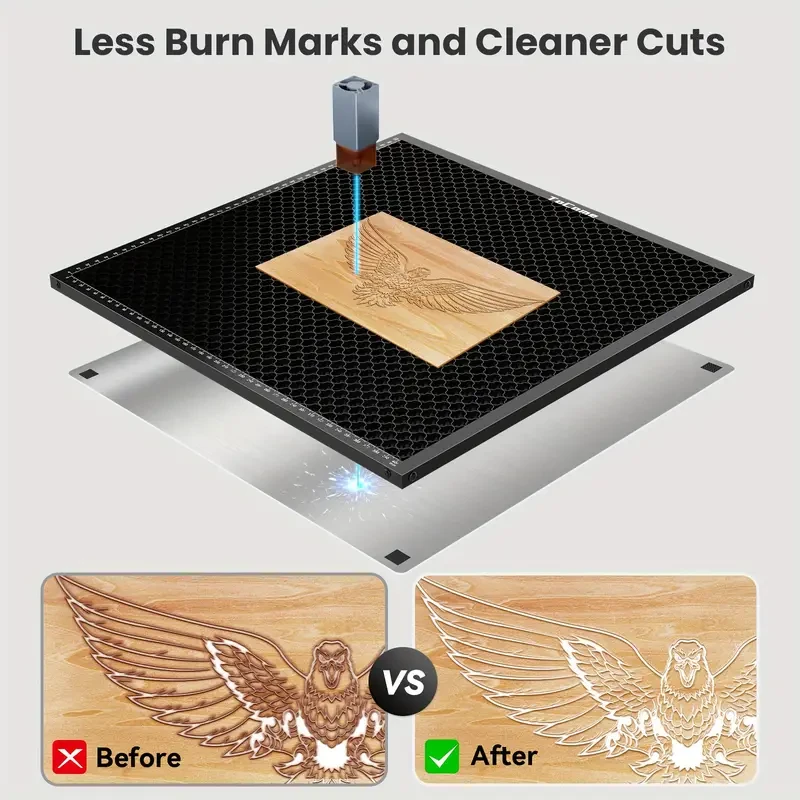 Cama láser de panal de acero de 500 x 500 mm para corte de panal de acero, compatible con D1, D1 Pro, Falcon 2 y la mayoría de grabadoras y cortadoras láser. 500 x 500 mm.