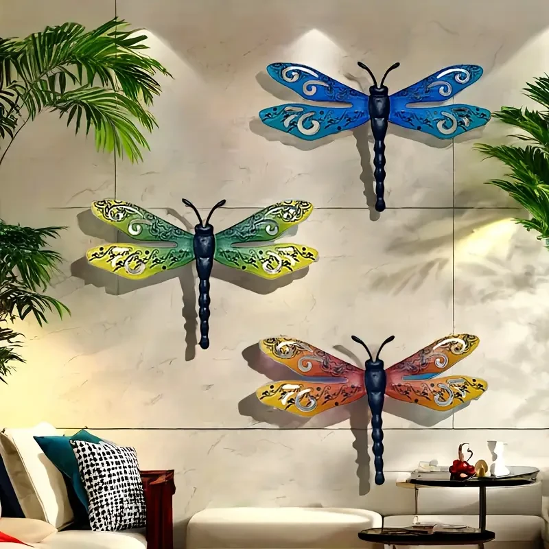 Juego de 3 libélulas decorativas de metal para pared, libélulas grandes de hierro de 35 cm para valla de jardín exterior