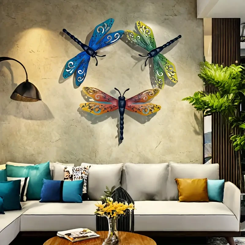 Juego de 3 libélulas decorativas de metal para pared, libélulas grandes de hierro de 35 cm para valla de jardín exterior