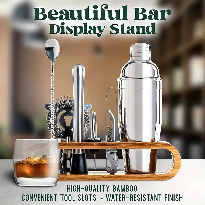 Kit de coctelería para barman: juego de 10 herramientas de barra con elegante soporte de bambú
