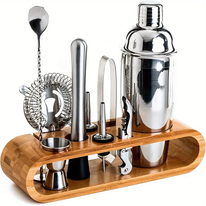 Kit de coctelería para barman: juego de 10 herramientas de barra con elegante soporte de bambú