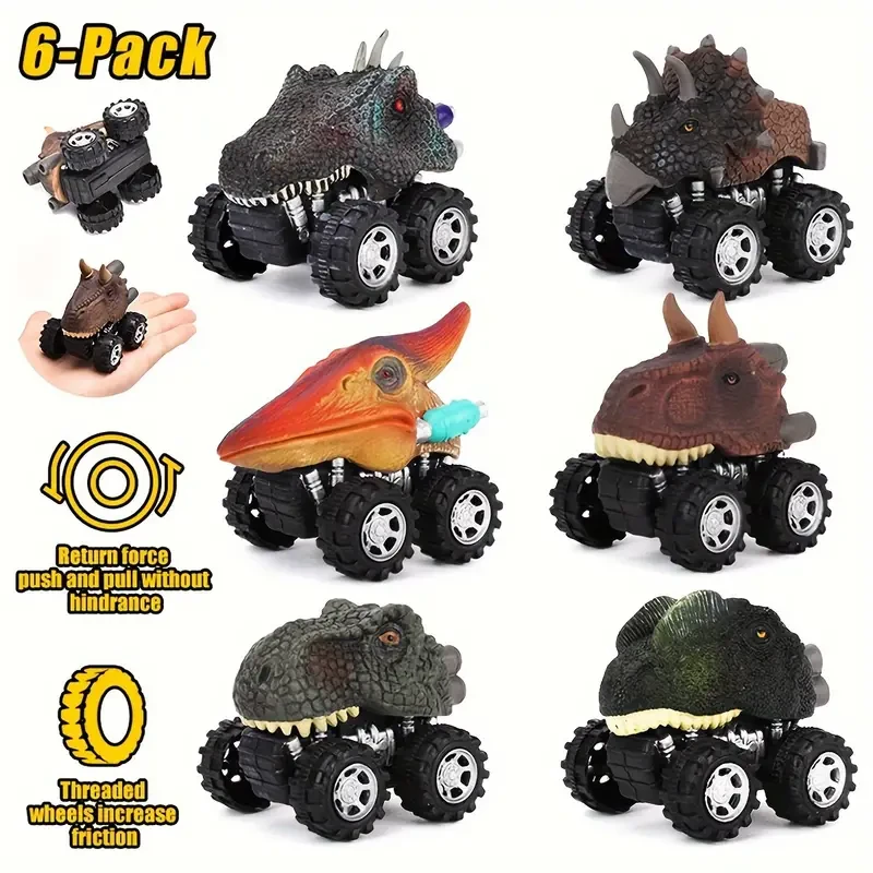 Juego de 6 coches de carreras de dinosaurios con retroceso