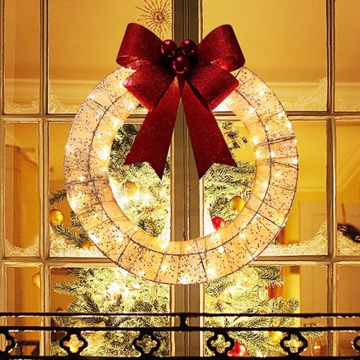 Guirnalda navideña luminosa de 50 cm con luz LED cálida de metal y lazo grande para puerta de entrada, decoración colgante para fiestas navideñas en casa.