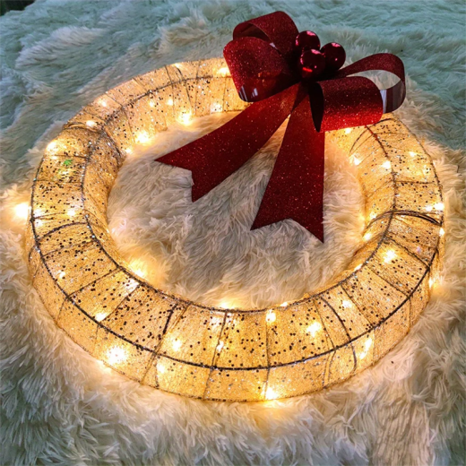 Guirnalda navideña luminosa de 50 cm con luz LED cálida de metal y lazo grande para puerta de entrada, decoración colgante para fiestas navideñas en casa.