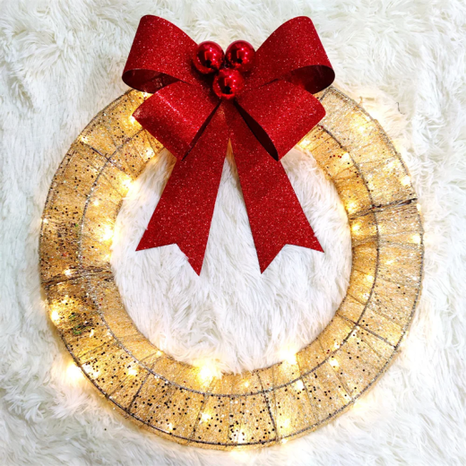 Guirnalda navideña luminosa de 50 cm con luz LED cálida de metal y lazo grande para puerta de entrada, decoración colgante para fiestas navideñas en casa.
