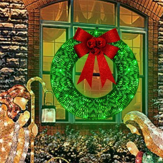 Guirnalda navideña luminosa de 50 cm con luz LED cálida de metal y lazo grande para puerta de entrada, decoración colgante para fiestas navideñas en casa.