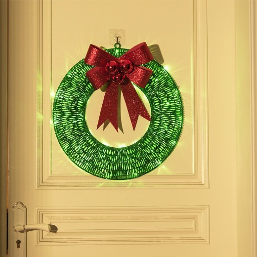 Guirnalda navideña luminosa de 50 cm con luz LED cálida de metal y lazo grande para puerta de entrada, decoración colgante para fiestas navideñas en casa.