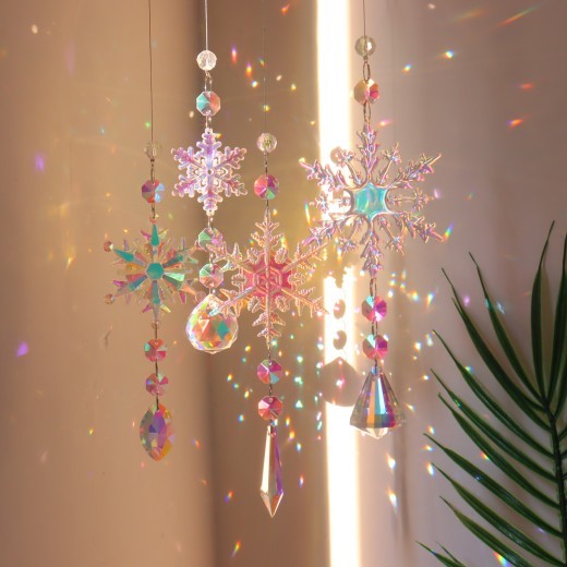 Atrapasueños de cristal con forma de copo de nieve de colores para Navidad, colgante de pilar de hielo para ventana, decoración para árbol de Navidad, colgante para fiesta, decoraciones navideñas