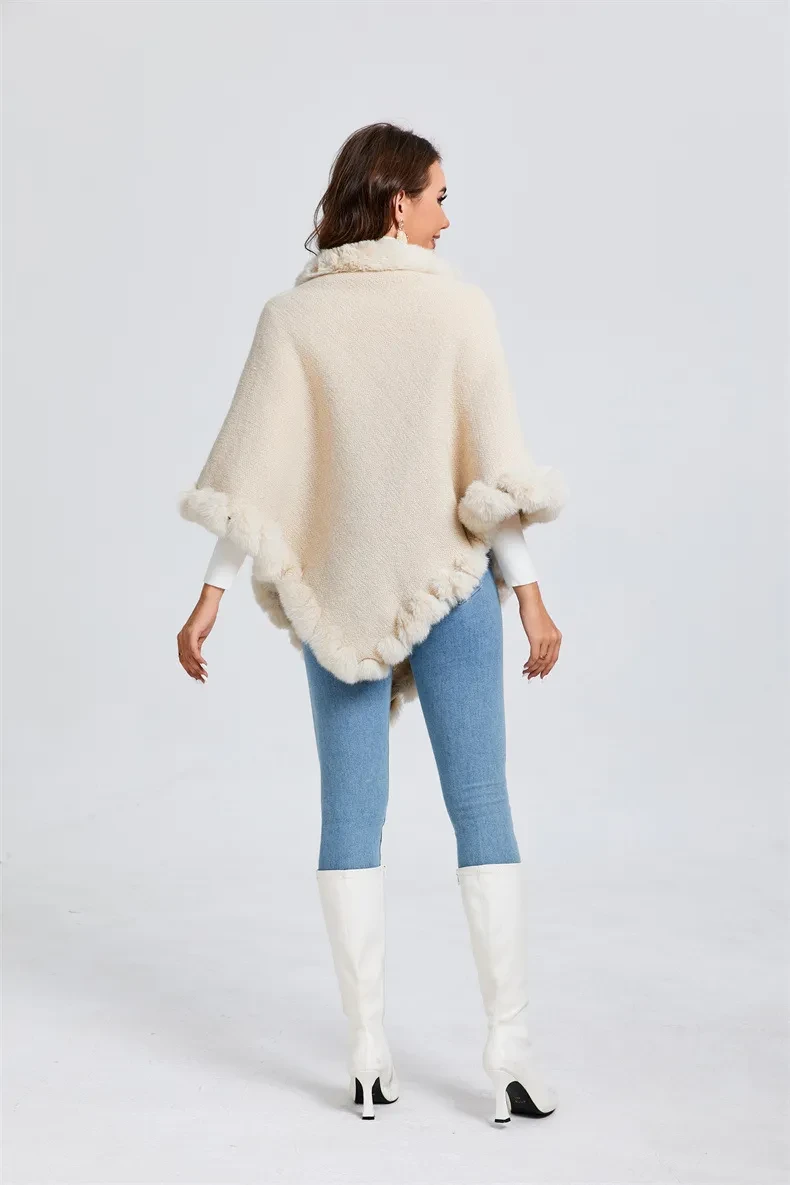 Capa de chal con cuello de piel de conejo Rex para mujer, abrigo de piel de lujo, chal de moda para otoño e invierno, elegante capa exterior para mujer, vestido de fiesta o boda.