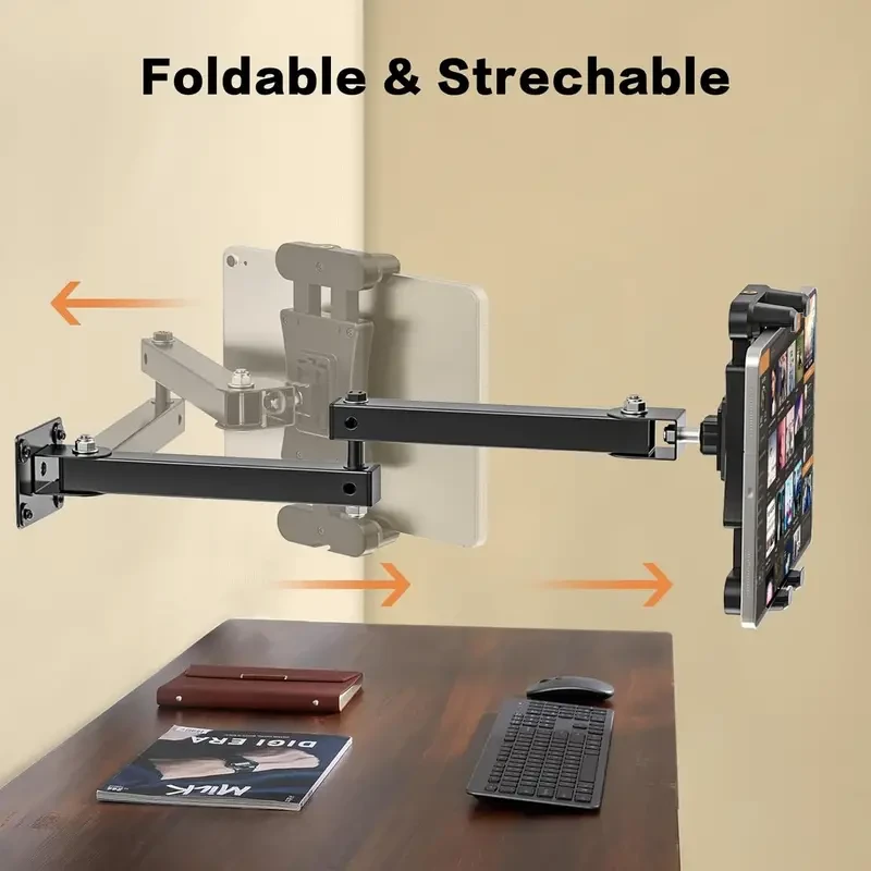 Soporte de pared para tableta de aleación de aluminio con brazo giratorio ajustable de 360 grados, base de metal resistente y clip de sujeción. Compatible con tabletas y teléfonos inteligentes de 11,94 a 34,29 cm.