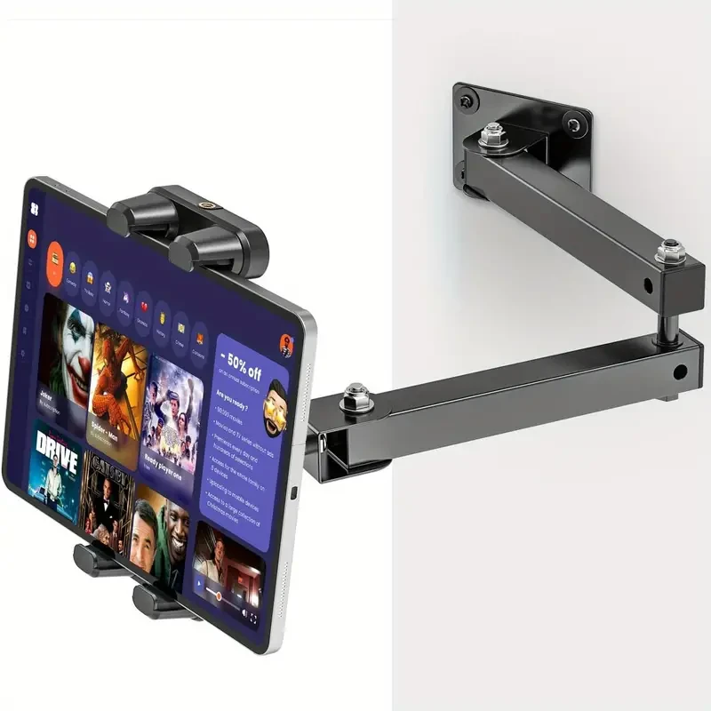 Soporte de pared para tableta de aleación de aluminio con brazo giratorio ajustable de 360 grados, base de metal resistente y clip de sujeción. Compatible con tabletas y teléfonos inteligentes de 11,94 a 34,29 cm.