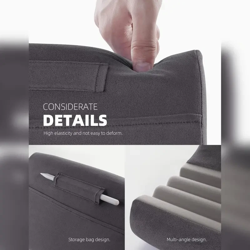 Soporte universal para tableta: almohadilla ergonómica suave para cama y regazo con soporte para lápiz óptico, bolsillo y ángulo de visión ajustable para 4-13 pulgadas.
