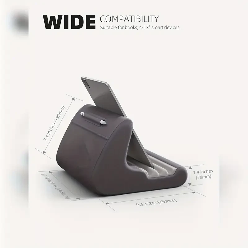 Soporte universal para tableta: almohadilla ergonómica suave para cama y regazo con soporte para lápiz óptico, bolsillo y ángulo de visión ajustable para 4-13 pulgadas.