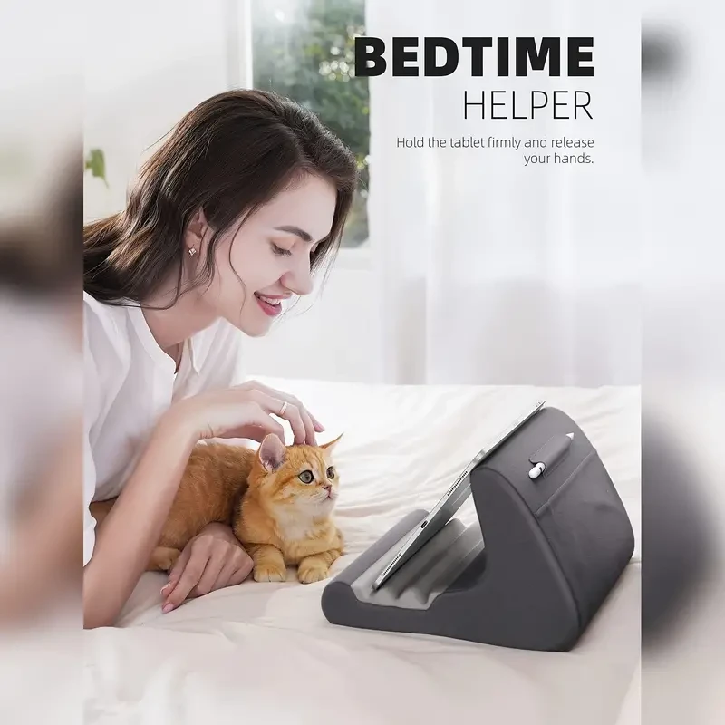 Soporte universal para tableta: almohadilla ergonómica suave para cama y regazo con soporte para lápiz óptico, bolsillo y ángulo de visión ajustable para 4-13 pulgadas.