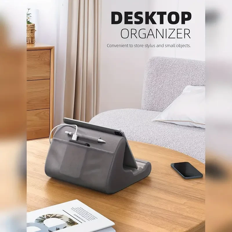 Soporte universal para tableta: almohadilla ergonómica suave para cama y regazo con soporte para lápiz óptico, bolsillo y ángulo de visión ajustable para 4-13 pulgadas.