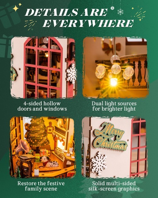 Kit de casa de muñecas navideña de madera ROBOTIME para decorar con estantería y luces LED TGC07