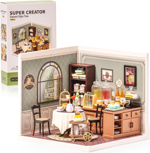 Kit de casa en miniatura ROBOTIME para armar, casa de té para muñecas, kit de construcción con LED para adultos y niños, regalo de cumpleaños DW011