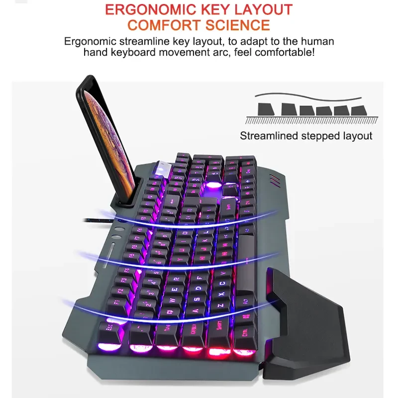 Teclado ergonómico para juegos con cable y retroiluminación RGB. Soporte para teléfono.