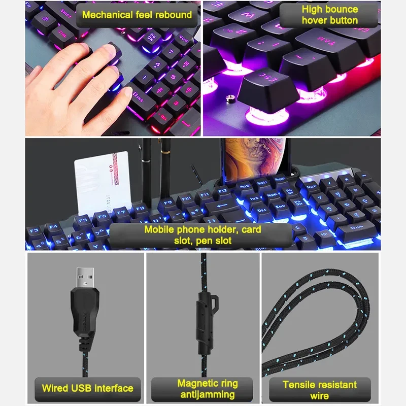 Teclado ergonómico para juegos con cable y retroiluminación RGB. Soporte para teléfono.