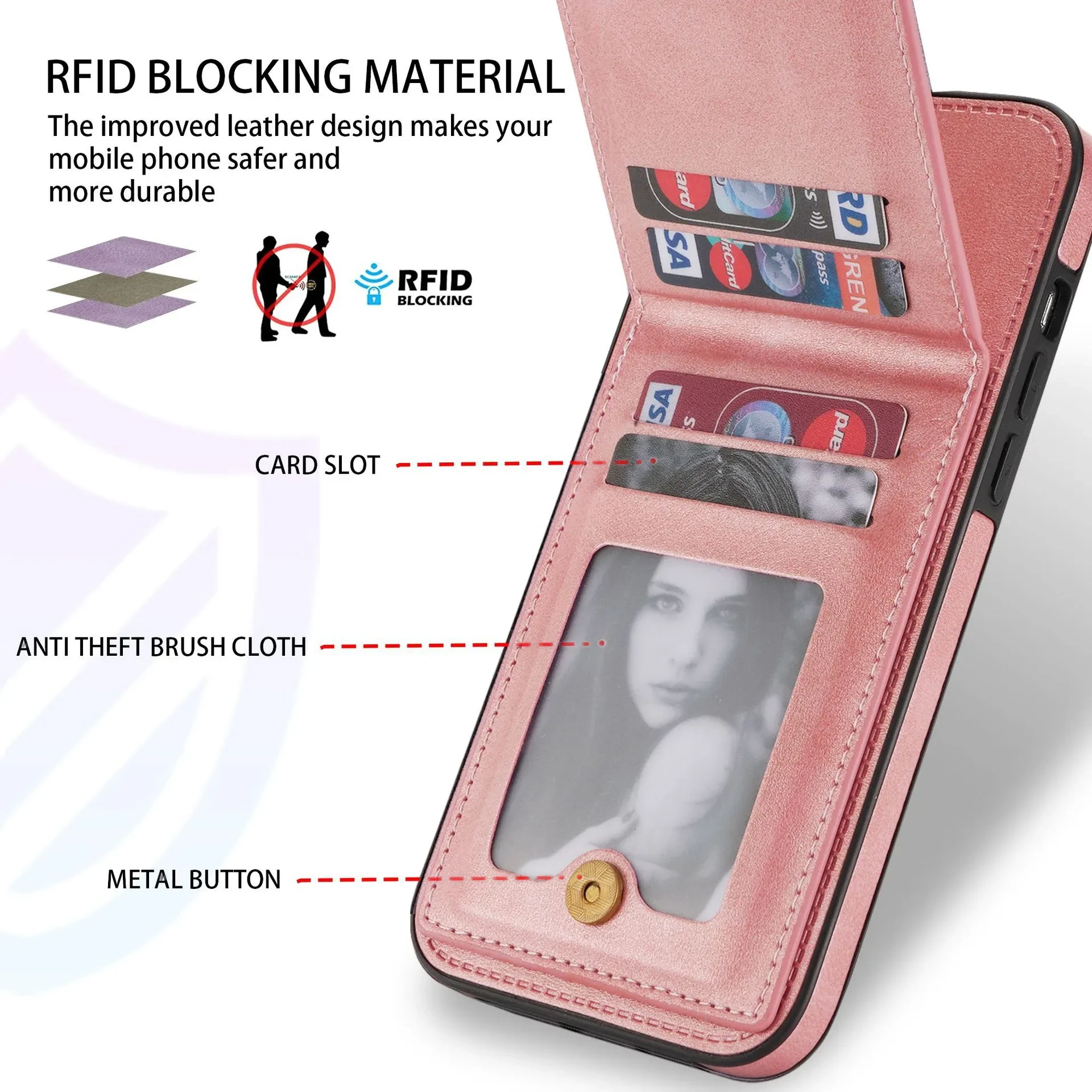 Estuche de cuero para teléfono con tarjetero y marco de fotos con cierre magnético protector