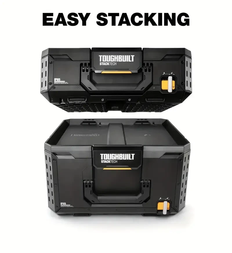 Organizador TOUGHBUILT StackTech: caja de herramientas multifuncional y duradera con sistema de bloqueo automático y 8 compartimentos profundos para guardar piezas de reparación y del vehículo.