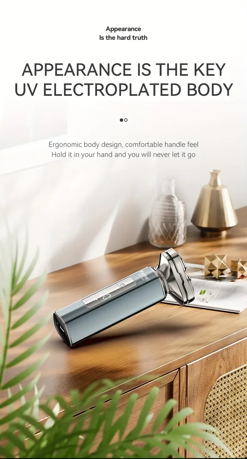 Afeitadora eléctrica Kemei para hombre con cuerpo con revestimiento UV, cabezal flotante magnético, pantalla LED, batería de larga duración, 3 cuchillas de acero inoxidable, diseño giratorio y bloqueo de viaje - T103