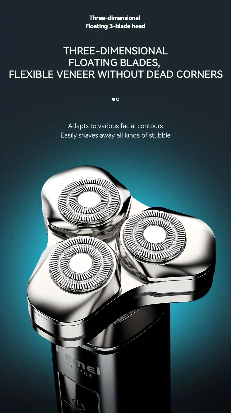 Afeitadora eléctrica Kemei para hombre con cuerpo con revestimiento UV, cabezal flotante magnético, pantalla LED, batería de larga duración, 3 cuchillas de acero inoxidable, diseño giratorio y bloqueo de viaje - T103