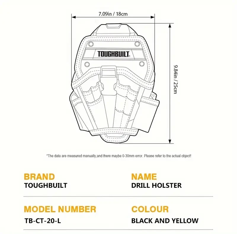 Funda para taladro de poliéster resistente TOUGHBUILT con Cliptech, accesorio para cinturón para herramientas eléctricas no eléctricas, color negro