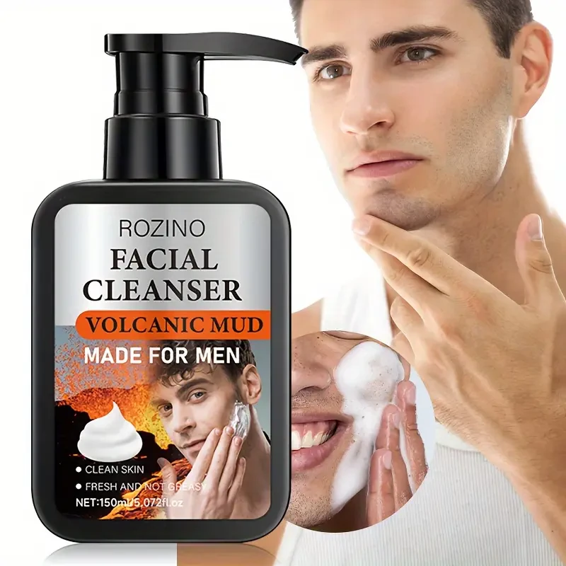 Limpiador facial ROZINO para hombre, crema limpiadora profunda de barro volcánico, limpiador de poros y puntos negros, limpiador facial hidratante, sin alcohol y con glicerina, aroma fresco para todo tipo de piel, 150 ml
