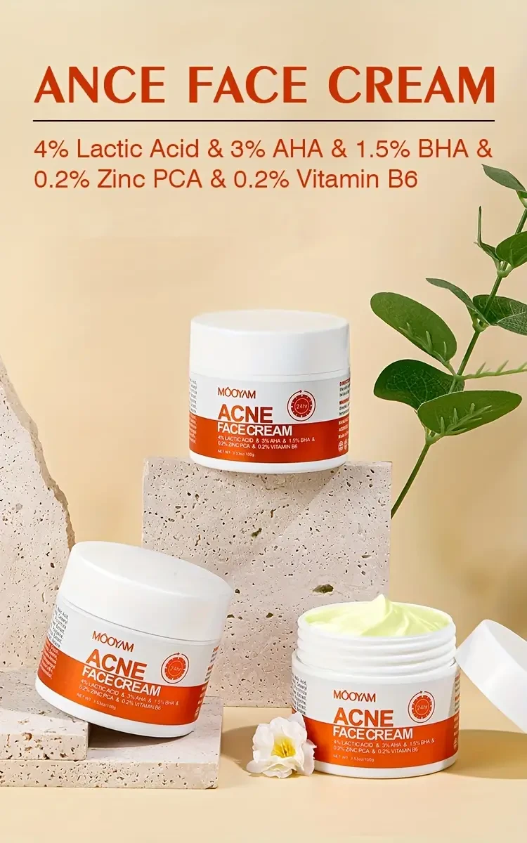 Crema facial antiacné MOOYAM con AHA 3%, BHA 1.5% y centella asiática: hidratante y reafirmante para pieles sensibles y secas, apta para todo tipo de piel.