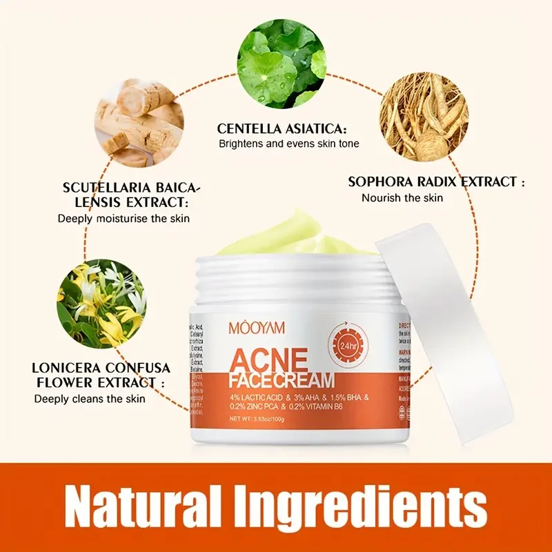 Crema facial antiacné MOOYAM con AHA 3%, BHA 1.5% y centella asiática: hidratante y reafirmante para pieles sensibles y secas, apta para todo tipo de piel.