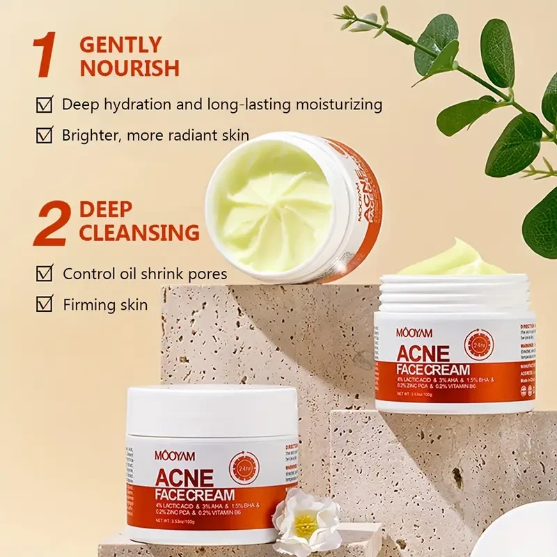 Crema facial antiacné MOOYAM con AHA 3%, BHA 1.5% y centella asiática: hidratante y reafirmante para pieles sensibles y secas, apta para todo tipo de piel.