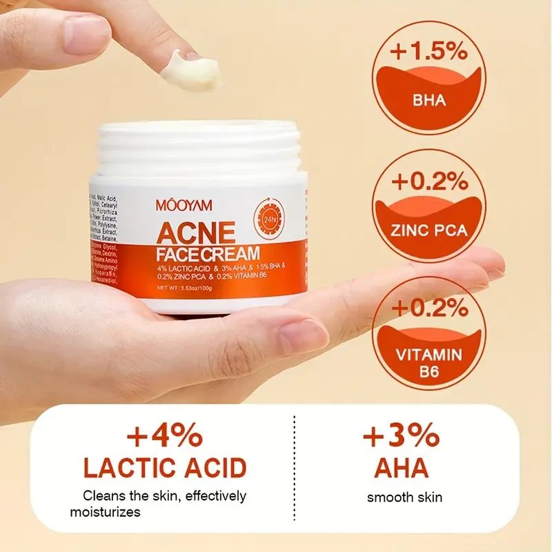 Crema facial antiacné MOOYAM con AHA 3%, BHA 1.5% y centella asiática: hidratante y reafirmante para pieles sensibles y secas, apta para todo tipo de piel.