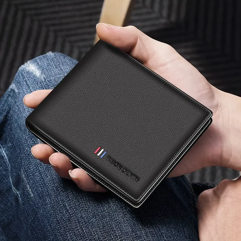 Cartera BISON DENIM de piel auténtica de lujo para hombre, con bloqueo RFID, plegable, con monedero y tarjetero con cremallera, color negro elegante, para el regreso a clases.