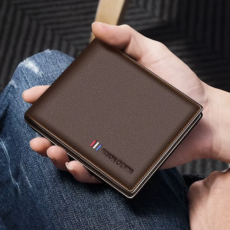 Cartera BISON DENIM de piel auténtica de lujo para hombre, con bloqueo RFID, plegable, con monedero y tarjetero con cremallera, color negro elegante, para el regreso a clases.
