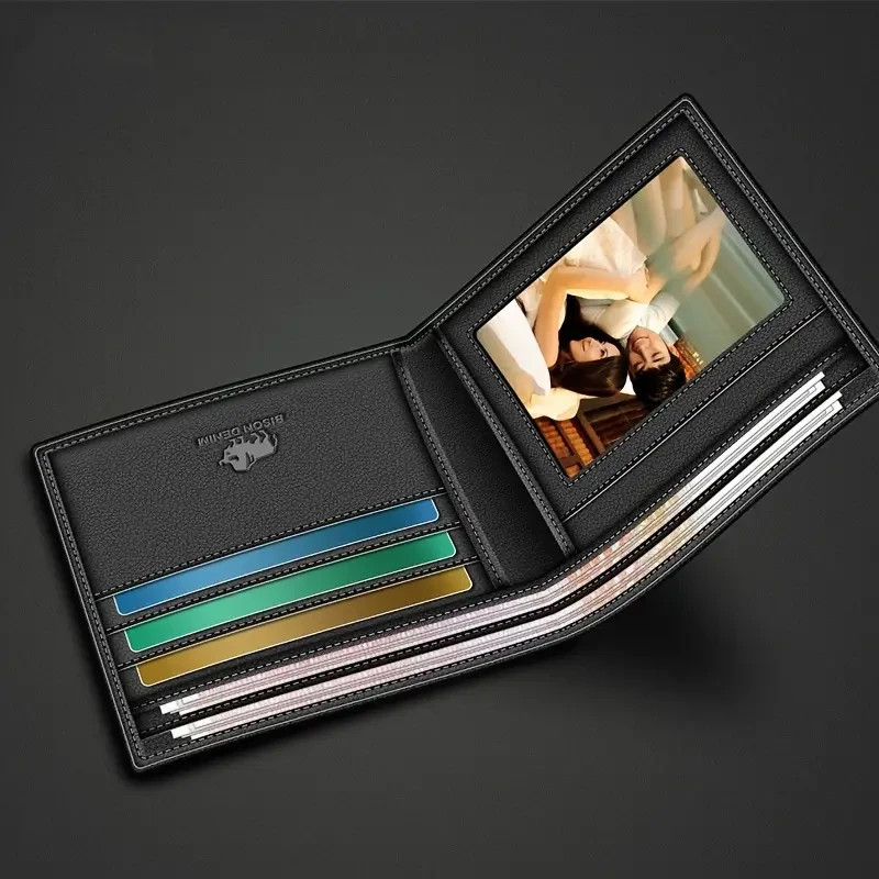 Cartera BISON DENIM de piel auténtica de lujo para hombre, con bloqueo RFID, plegable, con monedero y tarjetero con cremallera, color negro elegante, para el regreso a clases.