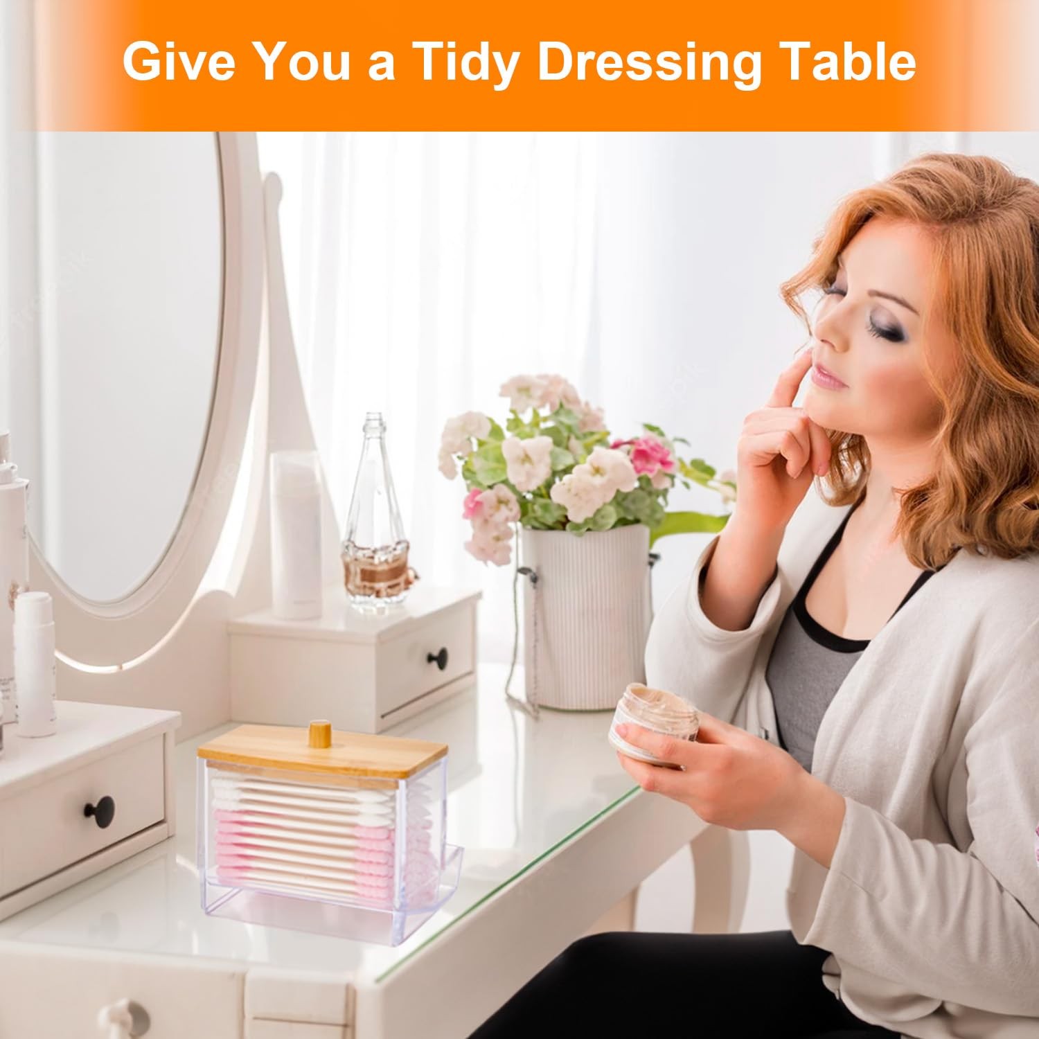 Dispensador de plástico transparente con tapa de bambú para hisopos de algodón