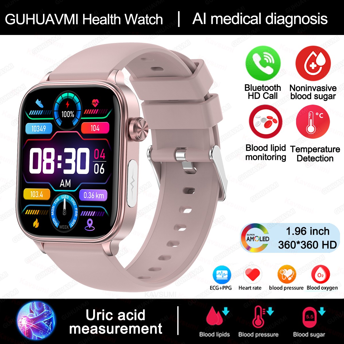 Reloj inteligente de diagnóstico médico con IA 2024, monitorización de lípidos en sangre, ácido úrico y glucosa en sangre con ECG+PPG, llamadas Bluetooth y seguimiento de la salud.
