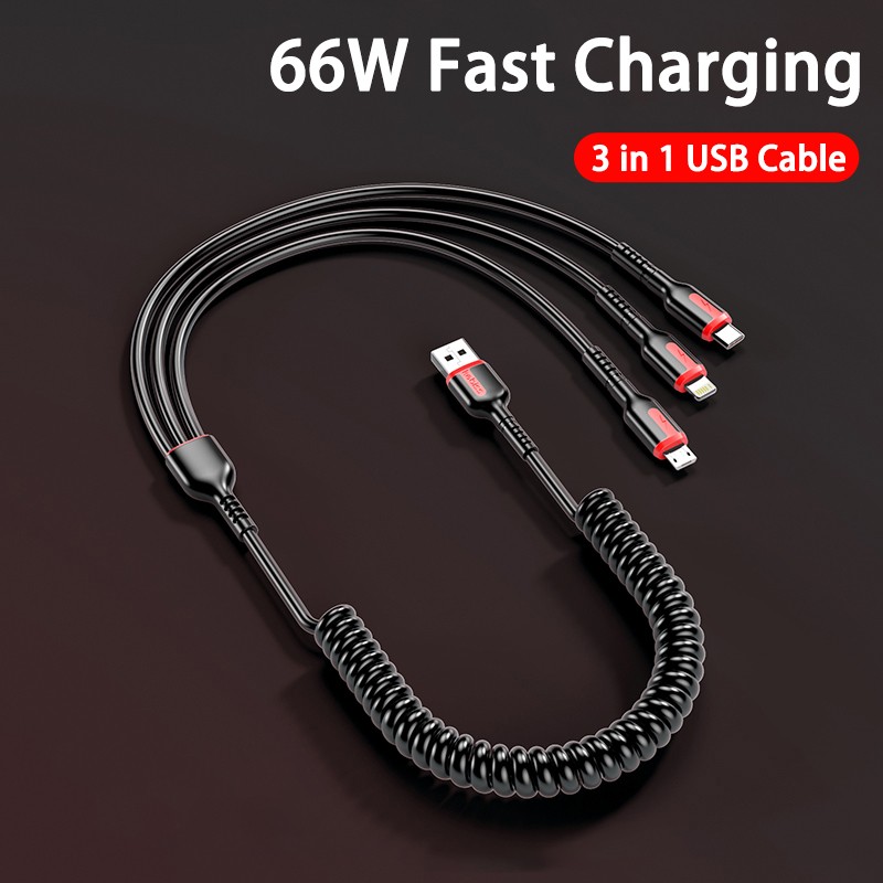 Cable de carga rápida 3 en 1 de 66 W (USB tipo C, micro USB y Lightning) para iPhone, Samsung y Xiaomi