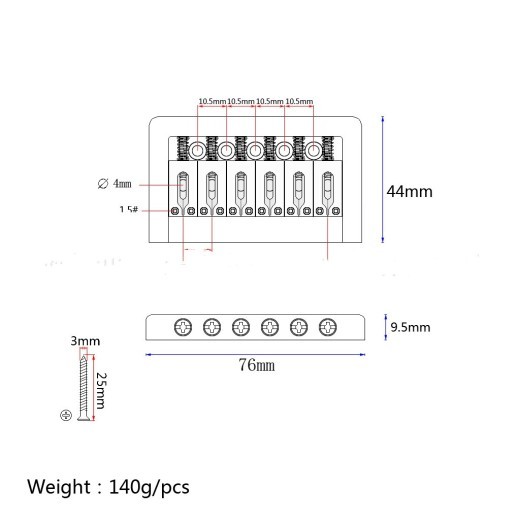 Accesorios para instrumentos Puente de guitarra con puente de latón plateado para seis cuerdas