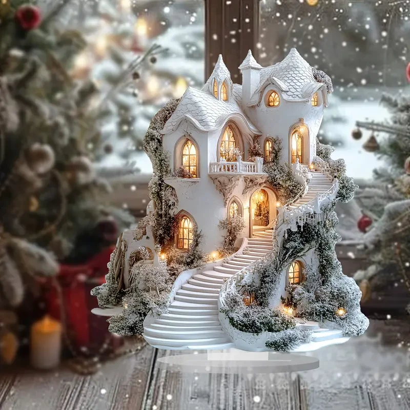 Encantadora casa de nieve blanca de invierno, decoración de mesa acrílica